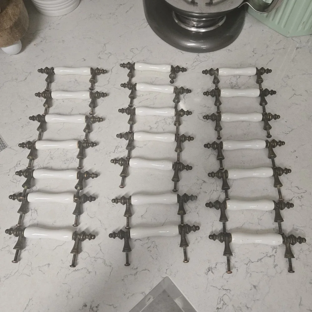 21 Antique White Porcelain & Brass Drawer Pull Cabinet Handles Heavy Patina READ